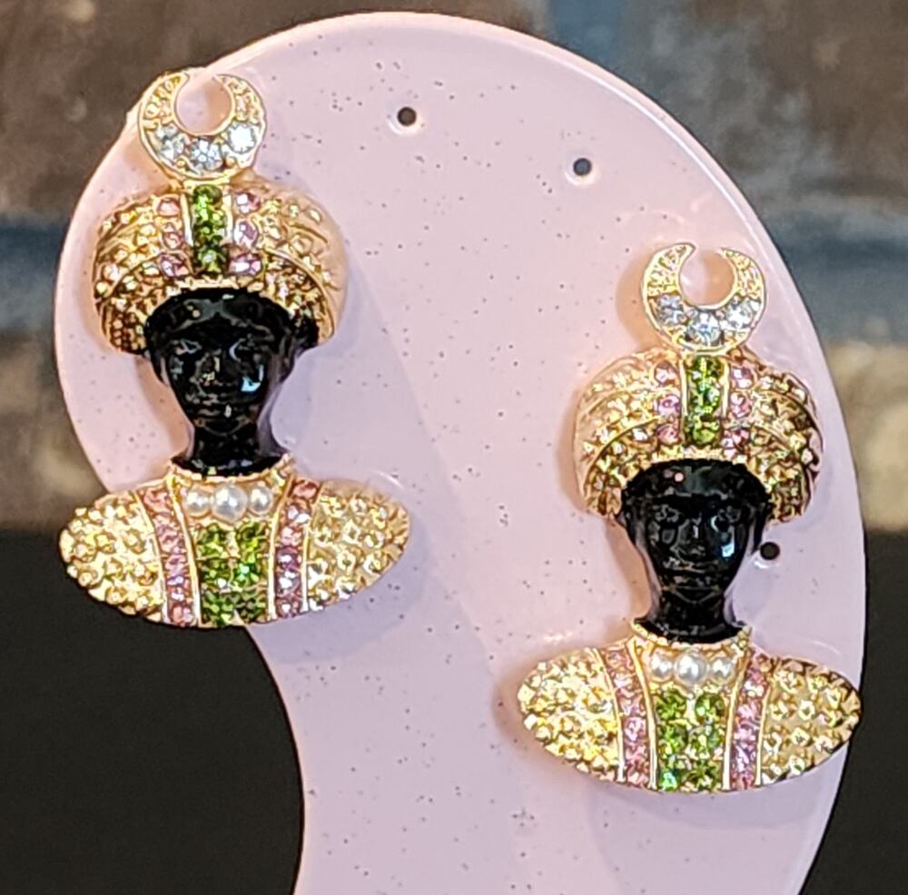 Blackamoor Earrings Enamel and Rhinestones on Gold Tone Metal Modern Manufacture